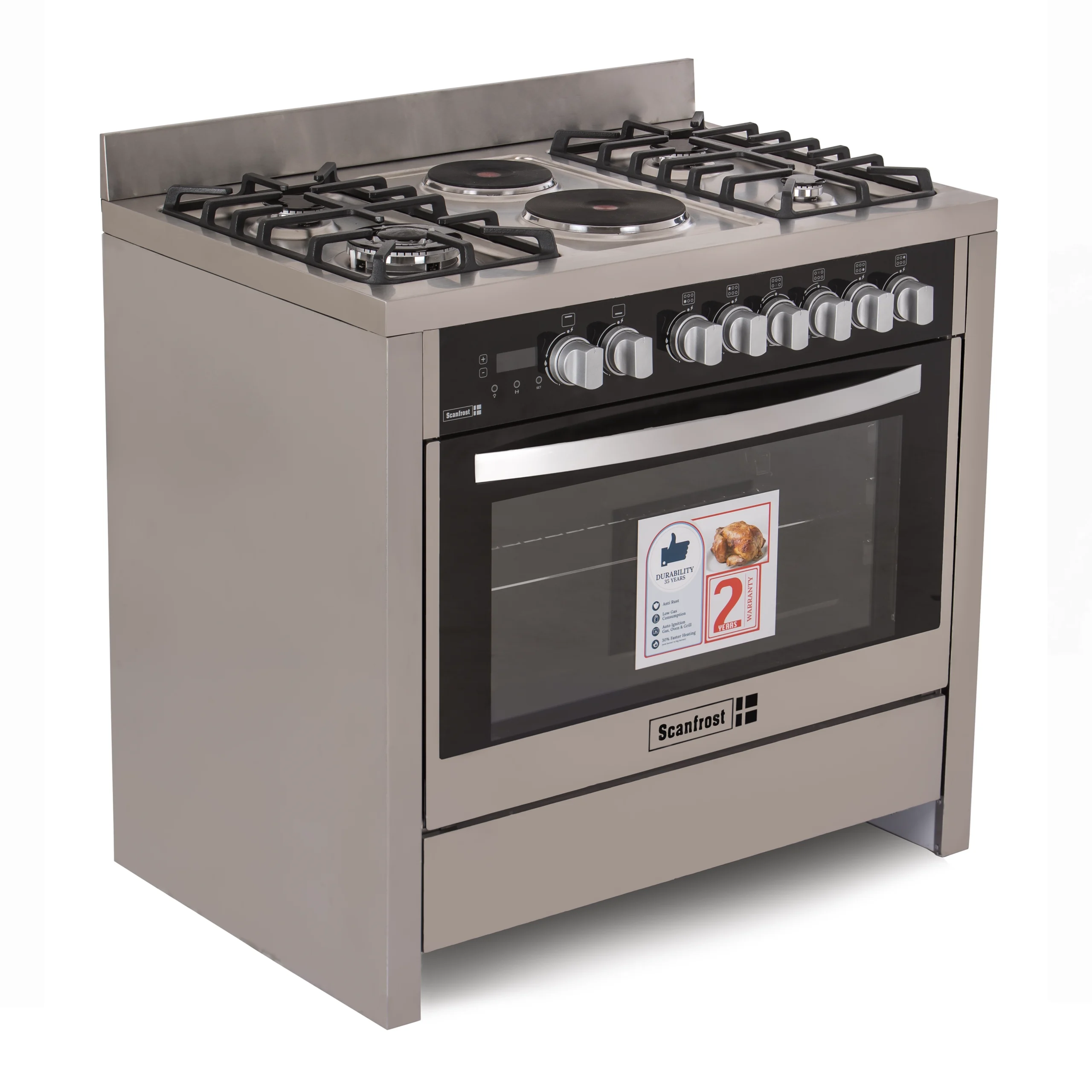 Scanfrost 4 Gas Burner Including 1 Wok Burner + 2 Electric Hotplate Cooker 9423SS